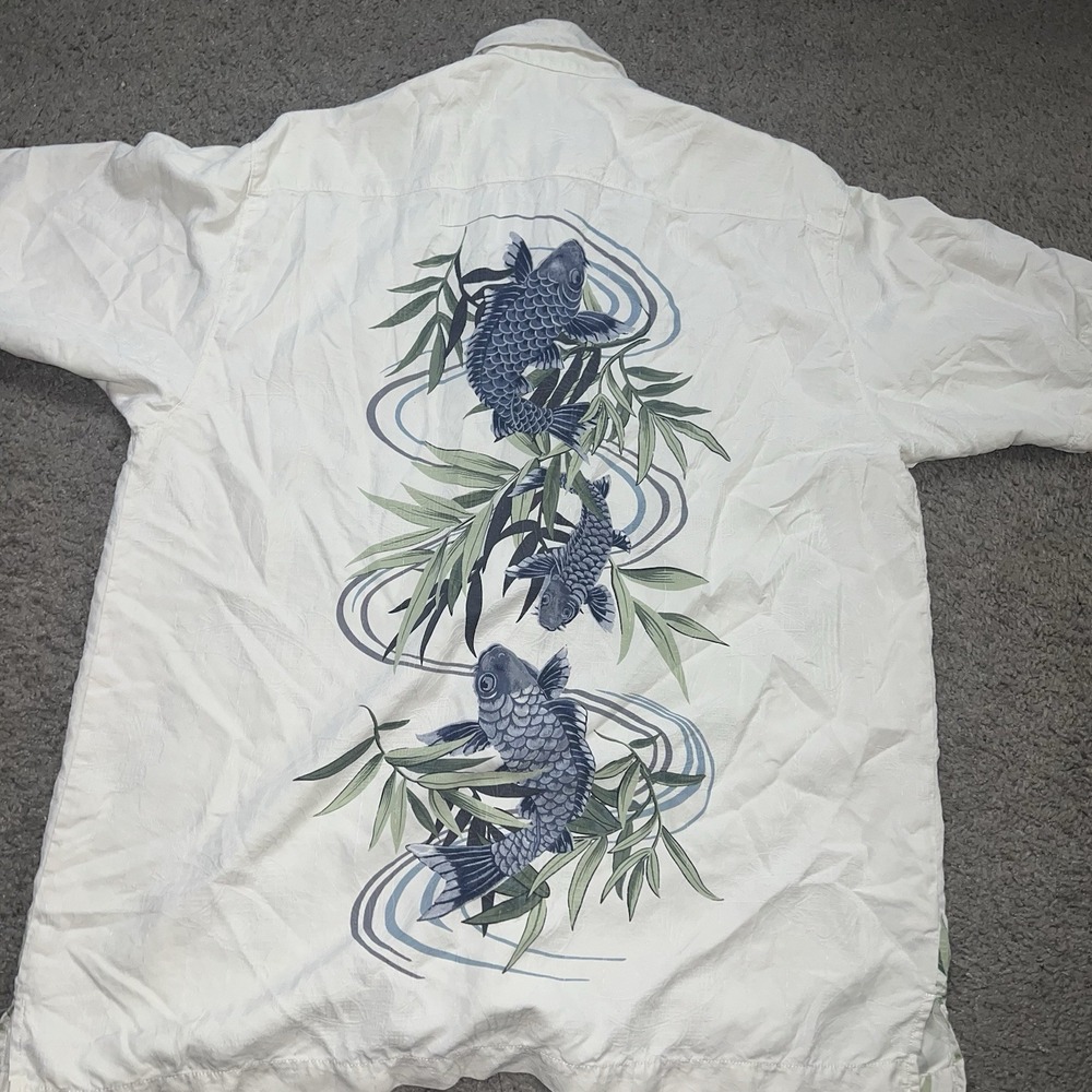 Tommy Bahama Shirt Mens L Silk Koi Fish Jacquard Hawaiian Floral Camp Collar